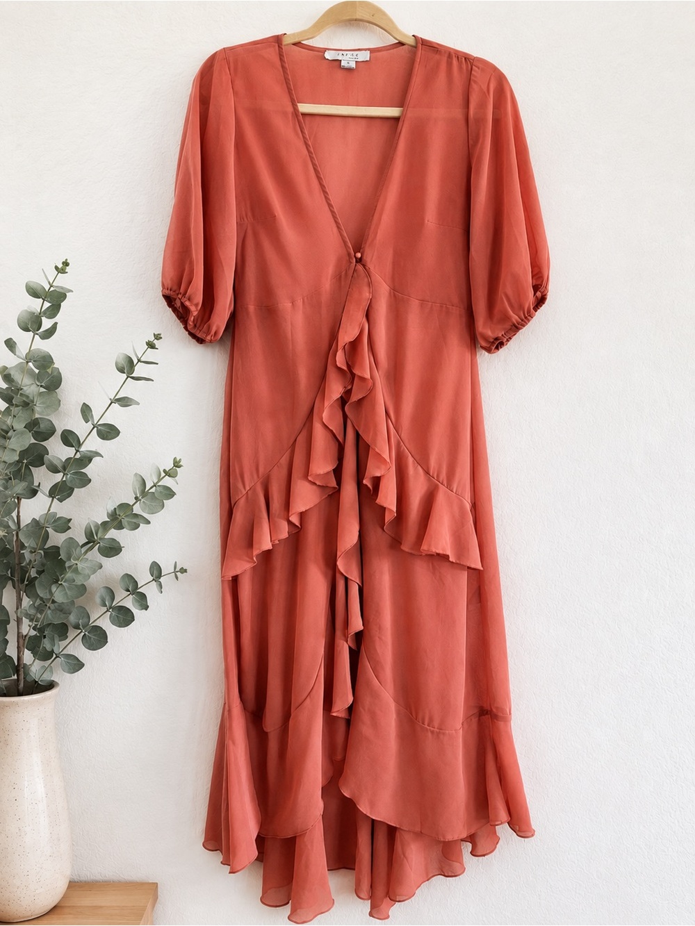 FAVLUX Terracotta Chiffon Ruffle High-Low Duster Kimono Small